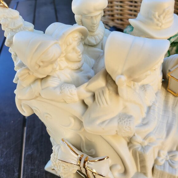 Vintage White with Gold Trim Porcelain Christmas Sleigh with family - Picture 2 of 16